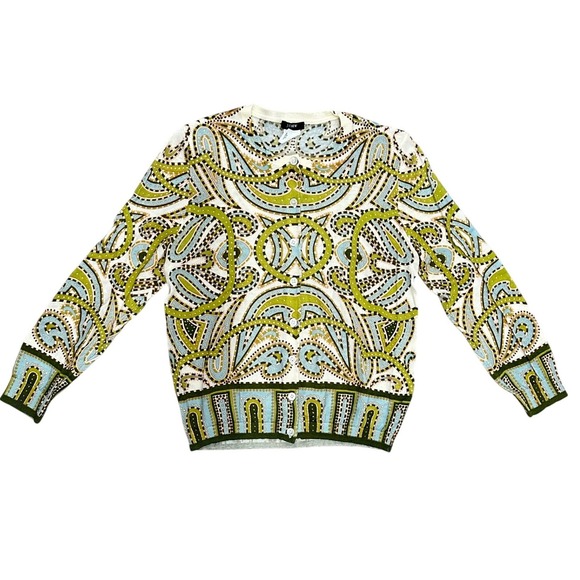 J. Crew Sweaters - J.Crew Cardigan Women S Green Merino Wool Paisley Geometric Print Button Front